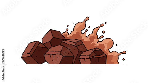 Chocolates splashing with liquid in a vibrant illustration from a front viewpoint