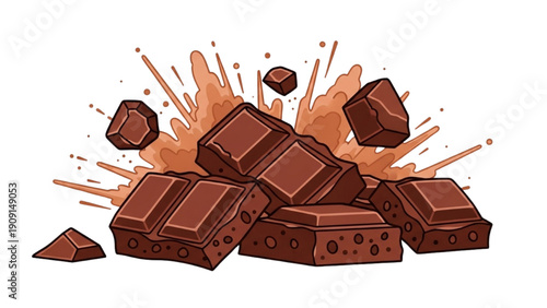 Assorted chocolate bars and chunks exploding in a messy splatter of pieces