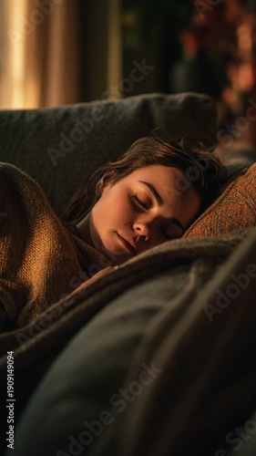 A young brown-haired woman with a beautiful expression is sleeping and relaxing on a fashionable sofa at home.