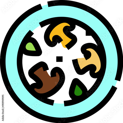 Creamy mushroom soup with sliced mushrooms and fresh herbs in a light blue rimmed bowl, colorful vector icon ideal for food menus, recipes, apps and culinary designs