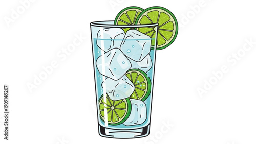 A refreshing glass of lime drink with ice, citrus slices on the rim, and a transparent background viewed from the side.