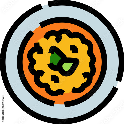 Round plate with creamy risotto topped with fresh herbs, minimalist flat icon style representing gourmet italian cuisine, healthy eating, restaurant or menu design