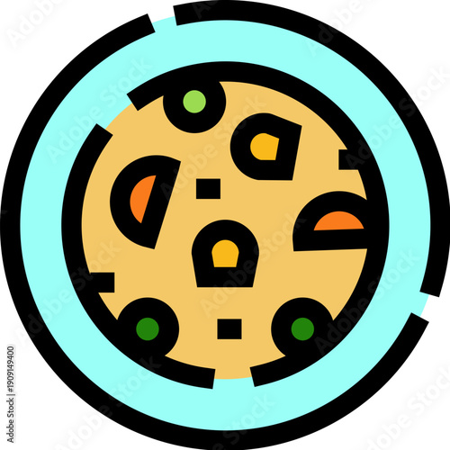 Round cartoon pizza icon with colorful toppingspepperoni, cheese, tomatoesclean flat vector illustration for food, menu, delivery, app ui, restaurant or party design, isolated on white