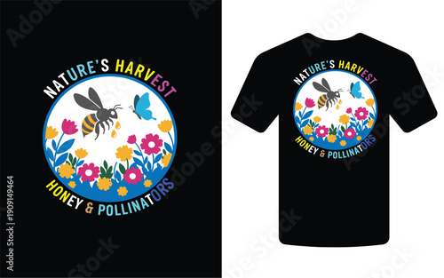 A vibrant t shirt design featuring a circular illustration of bees butterflies and colorful wildflowers high quality professional