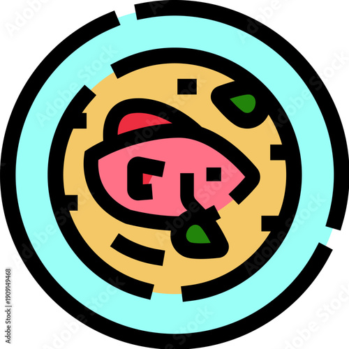 Fish soup displaying a delicious meal with a whole fish and greens in a round bowl, representing healthy eating, seafood cuisine, and restaurant menu items with colorful fill outlines