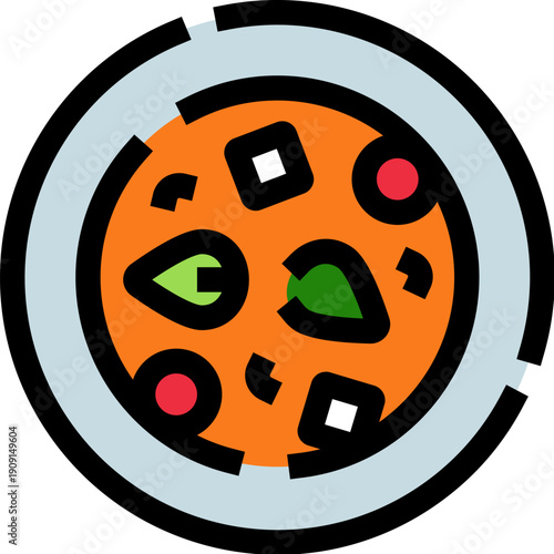 Round top view pizza illustration with light crust, orange tomato sauce, melted mozzarella chunks, pepperoni slices and fresh basil modern flat vector for food, menu or app use