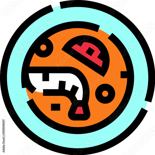 Colorful flat line illustration showing a spicy tom yum soup with shrimp and other ingredients in a bowl, representing thai cuisine, food menus, or cooking concepts