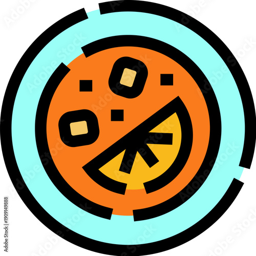 Orange soup in a pale blue bowl featuring a visible lemon slice and square croutons, presented as a colorful flat vector icon from a top down view for web and app design