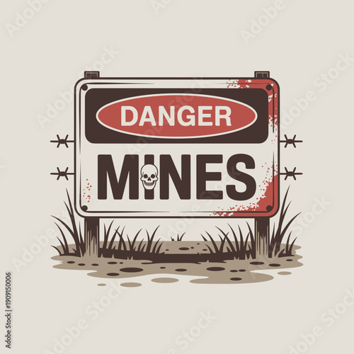 Danger mines warning sign with skull and barbed wire in grass  
