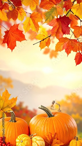 Autumn leaves & pumpkins frame a scenic fall landscape