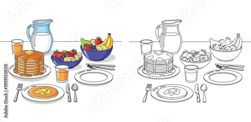 Delicious breakfast table with pancakes, fruits, milk and juice, vector illustration coloring page for kids.