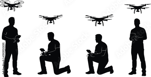Black silhouette collection of professional male pilots operating remote control quadcopter drones with digital tablets and controllers on white background for aerial photography