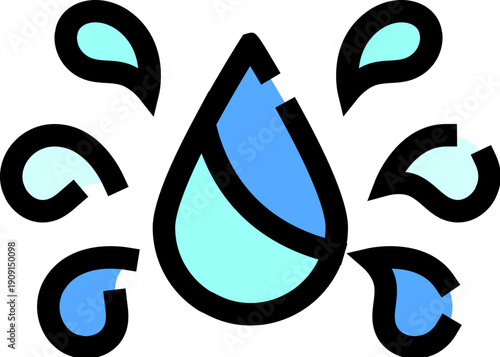 Water drop icon with surrounding splashes, symbolizing cleanliness, purification, rain, tears, hydration, and moisture for various environmental and health related themes