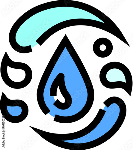 Icon style illustration depicting the dynamics of a central blue water drop surrounded by smaller droplets and liquid splashes, representing hydration and fluid motion within a circular flow