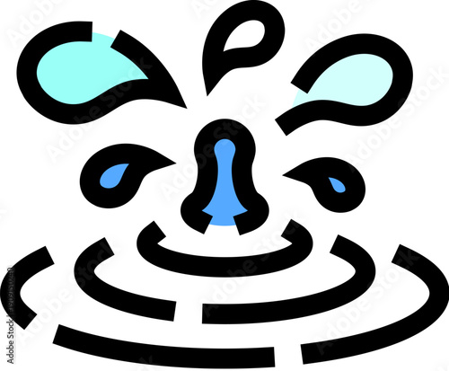 Water splashing into a surface, creating droplets flying upwards and circular ripples expanding outwards, representing cleanliness, refreshment, or impact