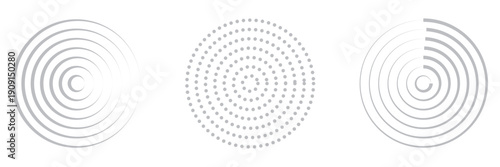 Linear set of radar icons, sonar waves, concentric radial signal circles, echo sounder symbols. Vector black and white illustration on a transparent background for interfaces and infographics