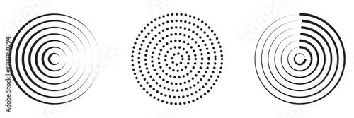 Linear set of radar icons, sonar waves, concentric radial signal circles, echo sounder symbols. Vector black and white illustration on a transparent background for interfaces and infographics