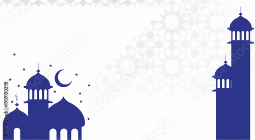 Islamic background with mosque silhouette, crescent moon and stars on white background
