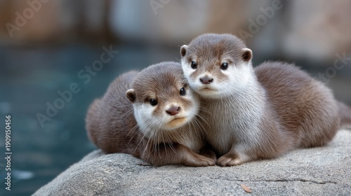 Wallpaper Mural In a lively wildlife setting, two young otters share a tender moment. They rest closely on a rocky surface beside a clear, glistening pool, showcasing their playful bond in a serene environment Torontodigital.ca