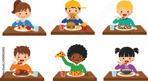 Cute kids eating different meals at table, children enjoying healthy and fast food, diverse cartoon characters, family nutrition concept vector illustration isolated