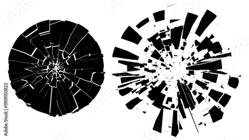 Explosive Radial Lines through Broken Geometric Rings. Shattered Circles with Sharp Impact Fractures and Gritty Texture. Bold Comic Flash Effect for Modern Layouts.