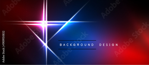 Abstract background features vibrant blue, red light streaks. Geometric lines intersect creating dynamic visual effect. Dark space surrounds bright center.