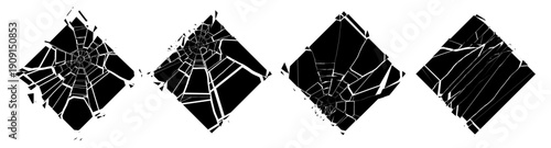 Grunge Damaged Shattered Rhombus Squares with Cracks Collection. Distress Textures. Blank Shapes. Vector Illustration. 