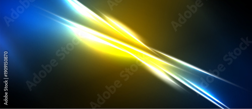 Bright energy streaks intersect. Blue, yellow hues dominate dark background. Abstract light creates dynamic visual impact.