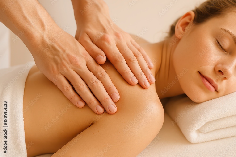 Fototapeta premium A young woman enjoying a relaxing back massage at a spa, lying on a towel, receiving professional therapeutic treatment for stress relief and wellness enhancement, indoors.