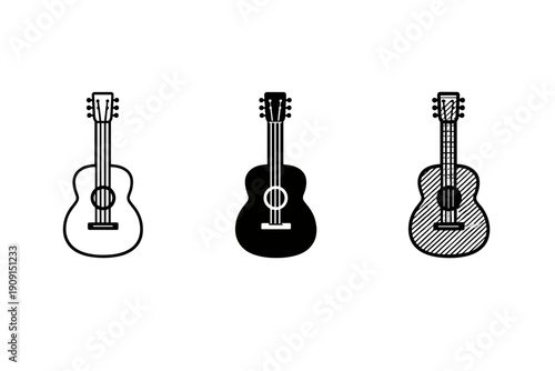 Three acoustic guitar icons in contrasting styles, including outline, solid silhouette, and hatched engraving, isolated on a clean white background