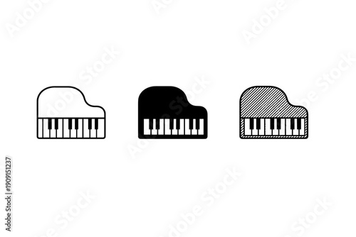 Three minimalist grand piano icons in black and white, showing outline, solid silhouette, and hatched shading with keyboard keys on a clean background