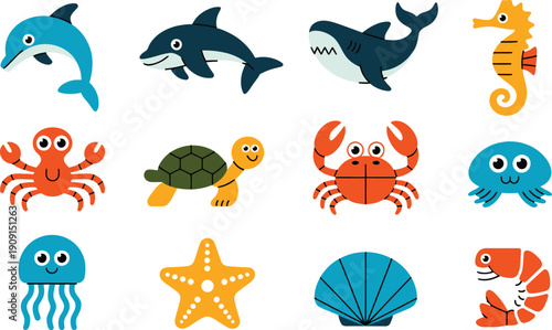 Set of adorable cartoon marine animals in blue, orange, and yellow: dolphin, shark, seahorse, crab, jellyfish, starfish, shell, and shrimp.