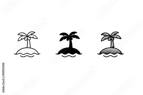 Set of three palm tree island icons in black and white line art and solid silhouette styles, depicting a tropical islet above ocean waves