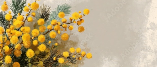 Mimosa flowers blooming on branches with green foliage, presenting a textured background for copy space