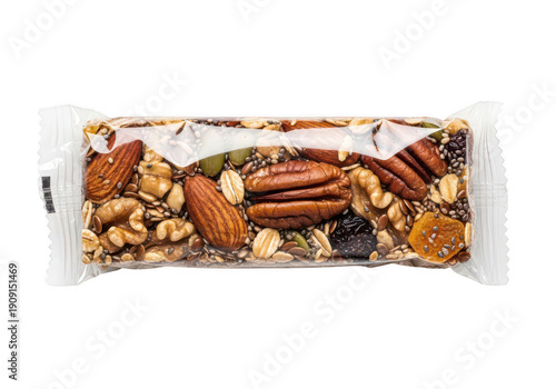 Delicious granola bar with nuts and dried fruits isolated on transparent background