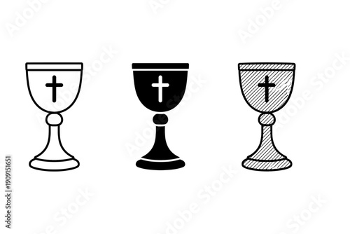 Three minimalist chalice icons with cross symbol, shown as outline, solid silhouette, and hatched engraving style isolated on white background