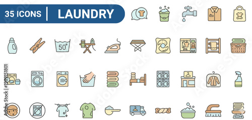 Collection of laundry icons representing various household chores and tasks related to cleaning and maintenance