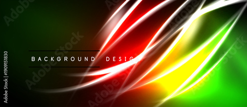 Abstract vibrant lines create dynamic energy. Red, yellow, green hues blend with dark background. Modern design element.