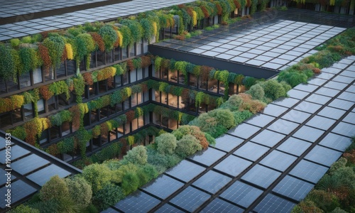 Modern building with solar panels and vibrant vertical garden facade