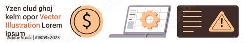 Financial management, technology solutions, risk assessment, business planning, cybersecurity, digital tools. Dollar sign, laptop with gear warning alert graphic. Financial management and technology
