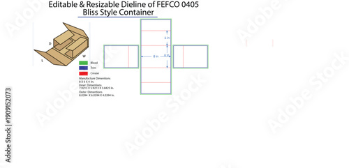 Editable Dieline of F E F C O 0405 Bliss Style Container with Dimensions