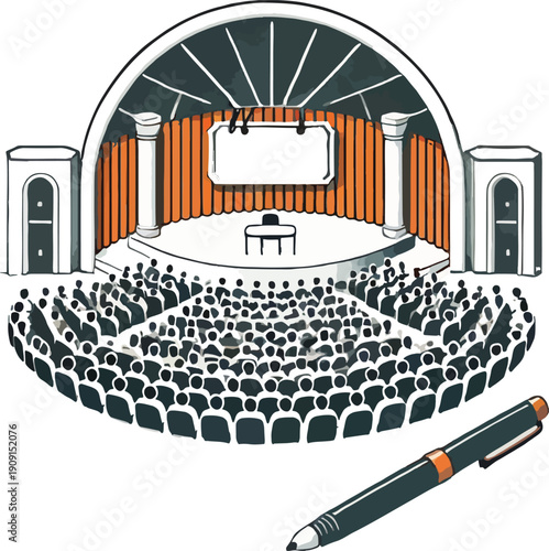 Audience in a large auditorium with a presentation stage and pen