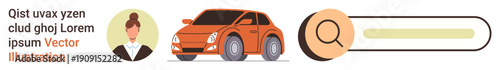 User interface, vehicle services, search functionality, profiles, online platforms, transportation. Illustration of an avatar, orange car and a search bar. User interface and vehicle services