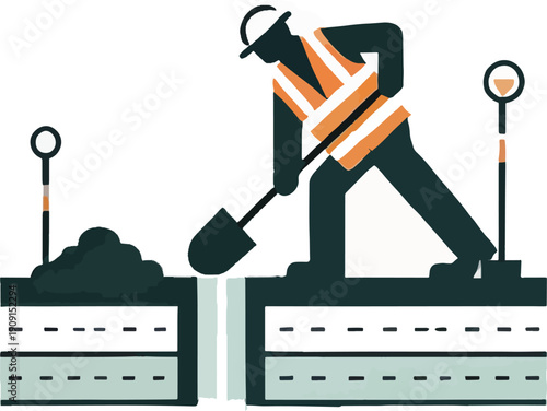Construction worker digging trench on road with safety vest and helmet Keywords: construction