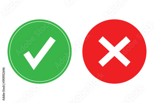 Green check mark and red cross mark icon set. Green tick and red x. Symbols of approval and Decline. Check box right and wrong buttons and yes or no checkmark icons in green tick box and red cross