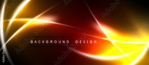 Abstract background features vibrant orange, yellow lines. Dynamic energy radiates from central glow. Modern design element.