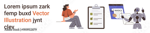 Business automation, task management, workflow optimization, AI assistance, invoicing, productivity tools. A woman managing tasks, checklist robot with invoice interface. Business automation