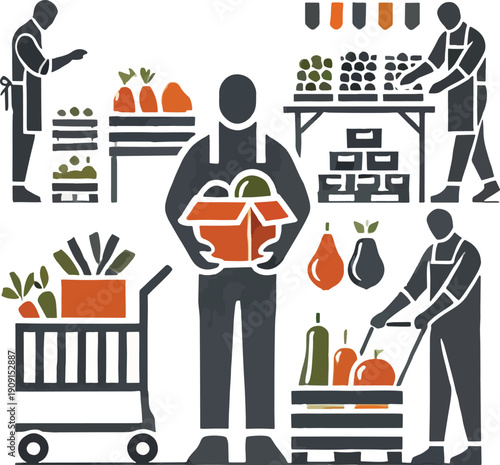 Grocery Store Workers Arranging Produce and Customers Shopping
