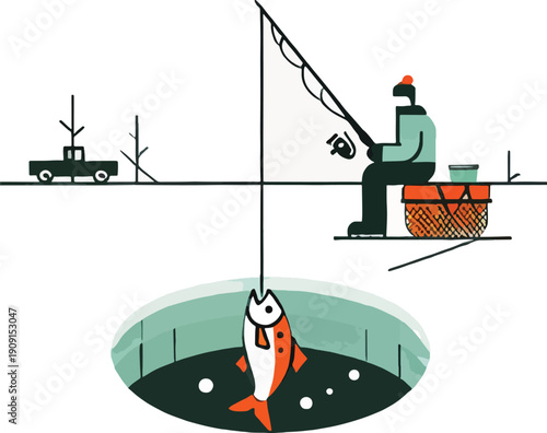 Ice Fisherman Catches Orange Fish Through Hole in Ice