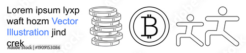 Cryptocurrency, blockchain, digital transactions, fitness, teamwork, financial independence. Stack of coins, Bitcoin symbol and two abstract human figures in motion. Cryptocurrency and blockchain